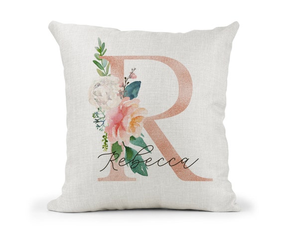 Personalised Cream Cushion Rose Gold Floral Initial Name Girls Bedroom Decor Birthday Gift