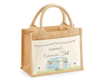 Personalised Jute Bag XL.. Female Caravan Stuff! Grandad Mum nan auntie Caravan Bag