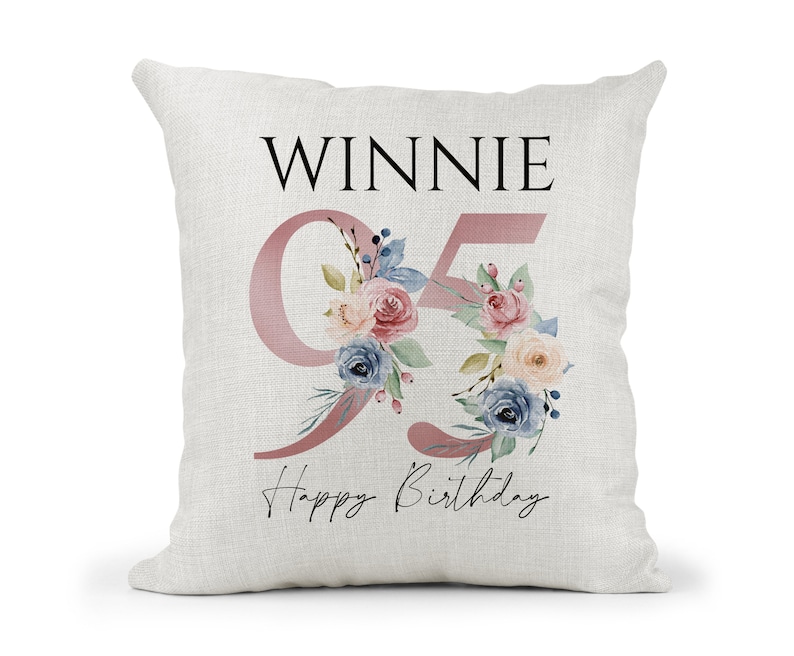 Personalised 95th Special Birthday Cushion 95th Birthday Pink & Blue Floral Mum, Nan, Friend,Sister Gift image 1