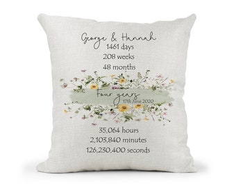 Personalised  Floral 4th Anniversary  Cream Canvas Cushion, Scatter Cushion, Home Decor, Wedding, 4 years, Mum Dad, Days Months, Hours, Mins
