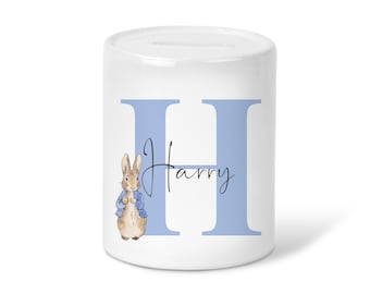 Personalised Peter Rabbit name initial Boys girls  gift Money Box-Ceramic Piggy Bank-Money saving Gift