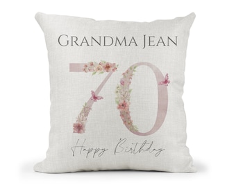 Personalised 70th Special Birthday Cushion 70th Birthday Pink  Floral  butterfly Mum, Nan, Friend,Sister Gift