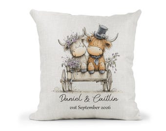 Personalised  Highland Cow Couple Wedding Cream Canvas Cushion, Scatter Cushion, Home Decor,  Mr and Mrs,  , Country Life