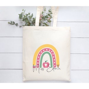 Personalised teacher Natural Beige Tote Bag.. Shopping Bag..pencil Rainbow.... Teacher,teaching  , Friend Gift