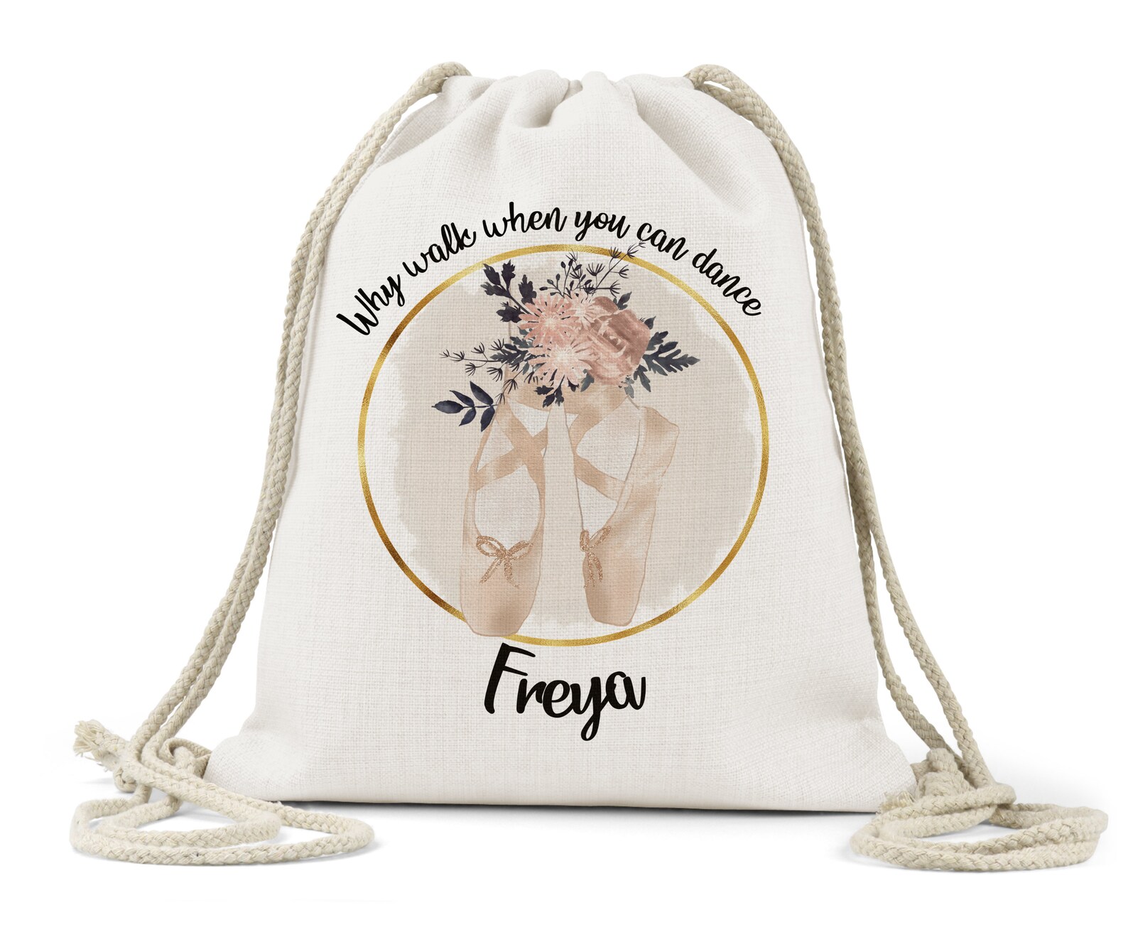 personalised girls drawstring bag, linen,dancer, ballet, dancing shoes, daughter, teacher, god-daughter, niece, sister gift