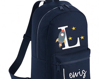 Personalised Rocket Mini Rucksack Backpack Navy Boys Girls Nursery Bag School bag Cute Rocket Stars Space & Name