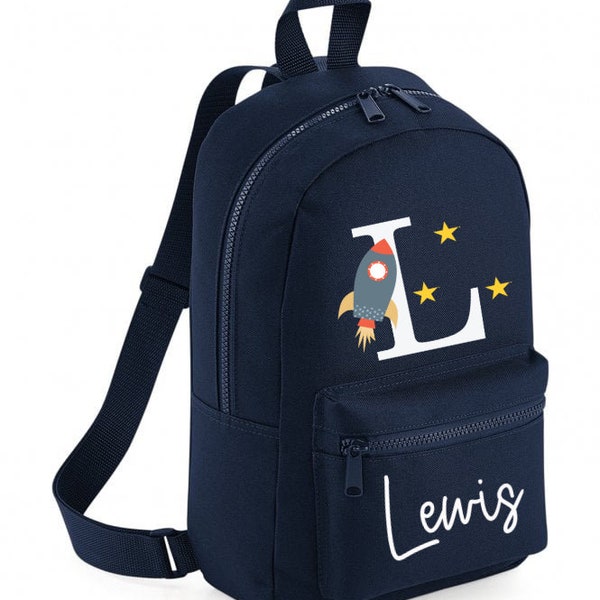 Personalised Rocket Mini Rucksack Backpack Navy Boys Girls Nursery Bag School bag Cute Rocket Stars Space & Name