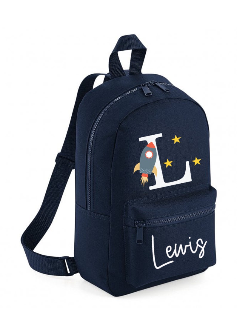 Personalised Rocket Mini Rucksack Backpack Navy Boys Girls Nursery Bag School bag Cute Rocket Stars Space & Name image 1