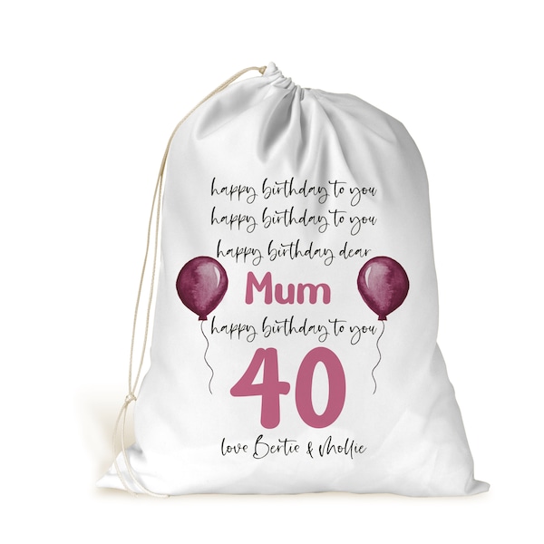 Personalised Drawstring Gift Bag. Personalised Gift Bag. Present Bag.. 21st 30th 40th 50th 60th ANY AGE.. Happy Birthday Song..Pink Balloons