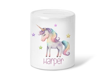 Personalised Girls pastel Unicorn name initial Girls gift Money Box-Ceramic Piggy Bank-Money saving Gift