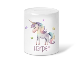 Personalised Girls pastel Unicorn name initial Girls gift Money Box-Ceramic Piggy Bank-Money saving Gift
