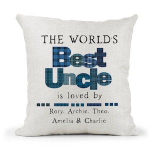 Personalised Uncle Cushion.. The world's bes tUncle..Blue Tartan Check Lettering.. Gingham, 50th 40th 60th 70th 80th Birthday..