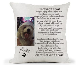 May include: A white square throw pillow with a photo of a smiling dog wearing a white hat. The pillow has a poem printed on it with the words "Waiting at the Door" and the dog's name, "Missy".