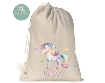 Personalised XL Drawstring cute Unicorn Toy bag Laundry Bag.. .  Cream Beige Cotton Like Bag 50cm x 70cm.. Toy Storage . Nursery