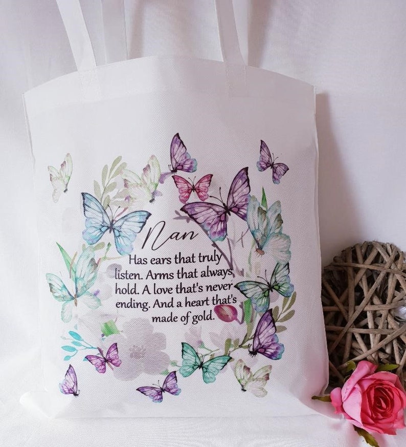Gran Shopping Bag Nan Personalised White Canvas Tote Bag Daughter Shopping Bag Watercolour Butterflies Design Friend Gift