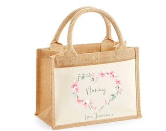 Personalised floral heart Jute Bag XL.. . Shopping Bag.. Nanny Grandma Nan Gran mum mummy
