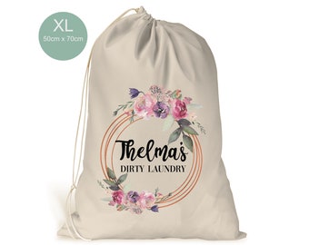 Personalised XL Drawstring Laundry Bag.. Girls.. Dirty Laundry.. Cream Beige Like Bag 50cm x 70cm.. Rose Gold Floral Geometric Design