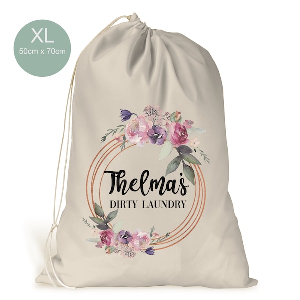 Personalised XL Drawstring Laundry Bag.. Girls.. Dirty Laundry.. Cream Beige Like Bag 50cm x 70cm.. Rose Gold Floral Geometric Design