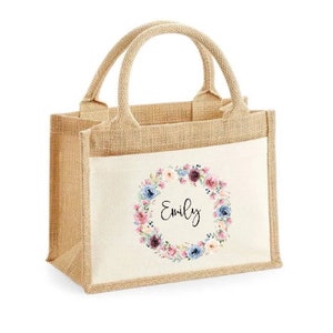 Personalised Jute Bag XL.. Floral wreath  Watercolour Splash Shopping Bag Friend Mum Nan Gran Grandma