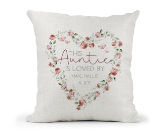 Personalised Auntie Loved by  cushion.. loved by.. niece nephew names.. Birthday Gift/ 30th 40th 50th 60th 70th 80th 90th