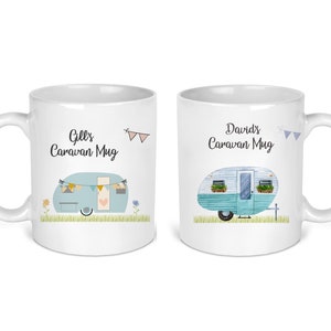 Personalised Caravan Mug and Coaster Set. Pink Blue peach/Blue, Campers, Wedding Gift, Happy Campers Caravan gift