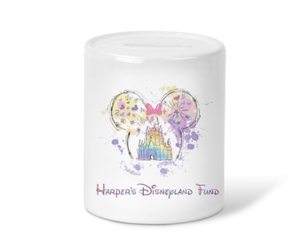 Personalised Girls Mickey Minnie castle  holiday saving fund name gift Money Box-Ceramic Piggy Bank-Money saving Gift