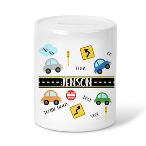 Personalised cars traffic road  Money Box-Ceramic Piggy Bank-Money saving Gift