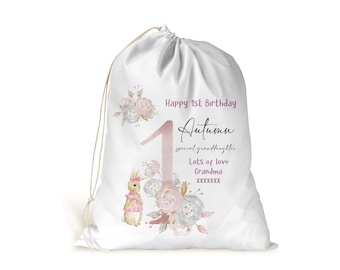 Personalised Girls 1st Birthday Drawstring Gift Bag.. Personalised Gift Bag. Present Bag.. Peter Rabbit..Flopsy.. Granddaughter,Daughter etc