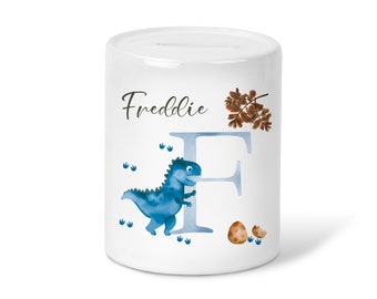 Personalised Blue Dinosaur initial and name gift Money Box-girls boysCeramic Piggy Bank-Money saving Gift