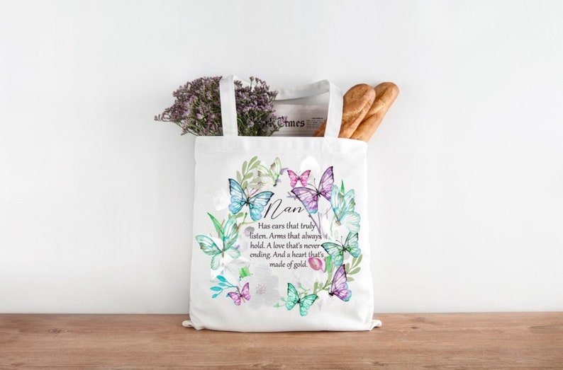 Gran Shopping Bag Nan Personalised White Canvas Tote Bag Daughter Shopping Bag Watercolour Butterflies Design Friend Gift
