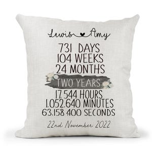 Personalised 2nd Anniversary Cream Canvas Cushion, Scatter Cushion, Home Decor, Wedding, 2 years, Mum Dad, Friends, Days Months, Hours, Mins