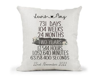 Personalised 2nd Anniversary Cream Canvas Cushion, Scatter Cushion, Home Decor, Wedding, 2 years, Mum Dad, Friends, Days Months, Hours, Mins