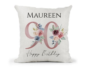 Coussin personnalisé spécial anniversaire 90 ans, cadeau floral rose et bleu pour les 90 ans, maman, grand-mère, amie, soeur