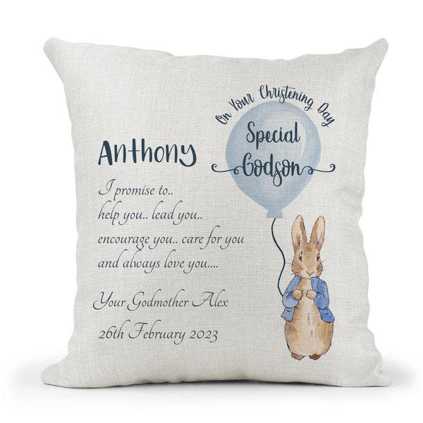 Personalised Godson Peter Rabbit Cream Cushion. Boys Christening gift, Keepsake Gift, Bedroom decor Godson Gift
