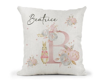 Personalised Peter Rabbit Cushion...Girls Pink Floral Letter Gift..Bedroom decor.Daughter..Granddaughter.Goddaughter.Niece.Flopsy..Birthday