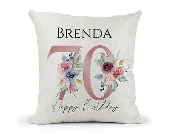 Personalised  70th Special Birthday Cushion 70th Birthday Pink & Blue Floral Mum, Nan, Friend,Sister Gift