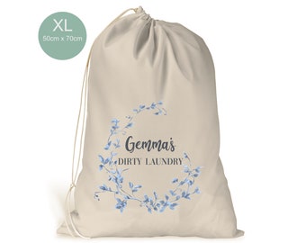 Personalised XL Drawstring Laundry Bag.. Girls.. Dirty Laundry.. Cream Beige Cotton Like Bag 50cm x 70cm.. Rose Blue Floral Design