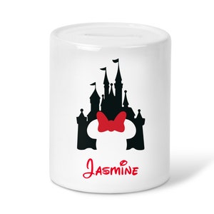 Personalised Minnie Mouse Silhouette artwork name gift Money Box-Ceramic Piggy Bank-Money saving Gift