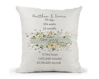 Personalised  Floral 2nd Anniversary  Cream Canvas Cushion, Scatter Cushion, Home Decor, Wedding, 2 years, Mum Dad, Days Months, Hours, Mins