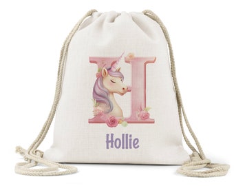Personalised Girls unicorn Drawstring Bag, Linen,Unicorn, Daughter, Niece, Goddaughter, Friend, Special Birthday Gift, Shoe bag