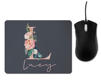 Personalised Mouse Mat. Computer mouse pad.. Rubber. computer mouse..  Rose Gold Floral  Letter.....Stylish Office Gift