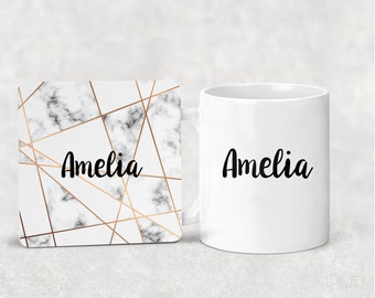 Personalised  Gold & Grey Marble Initial Mug and Coaster Set. Girls Gift.. Bridesmaid, Colleague. Daughter Birthday Gift