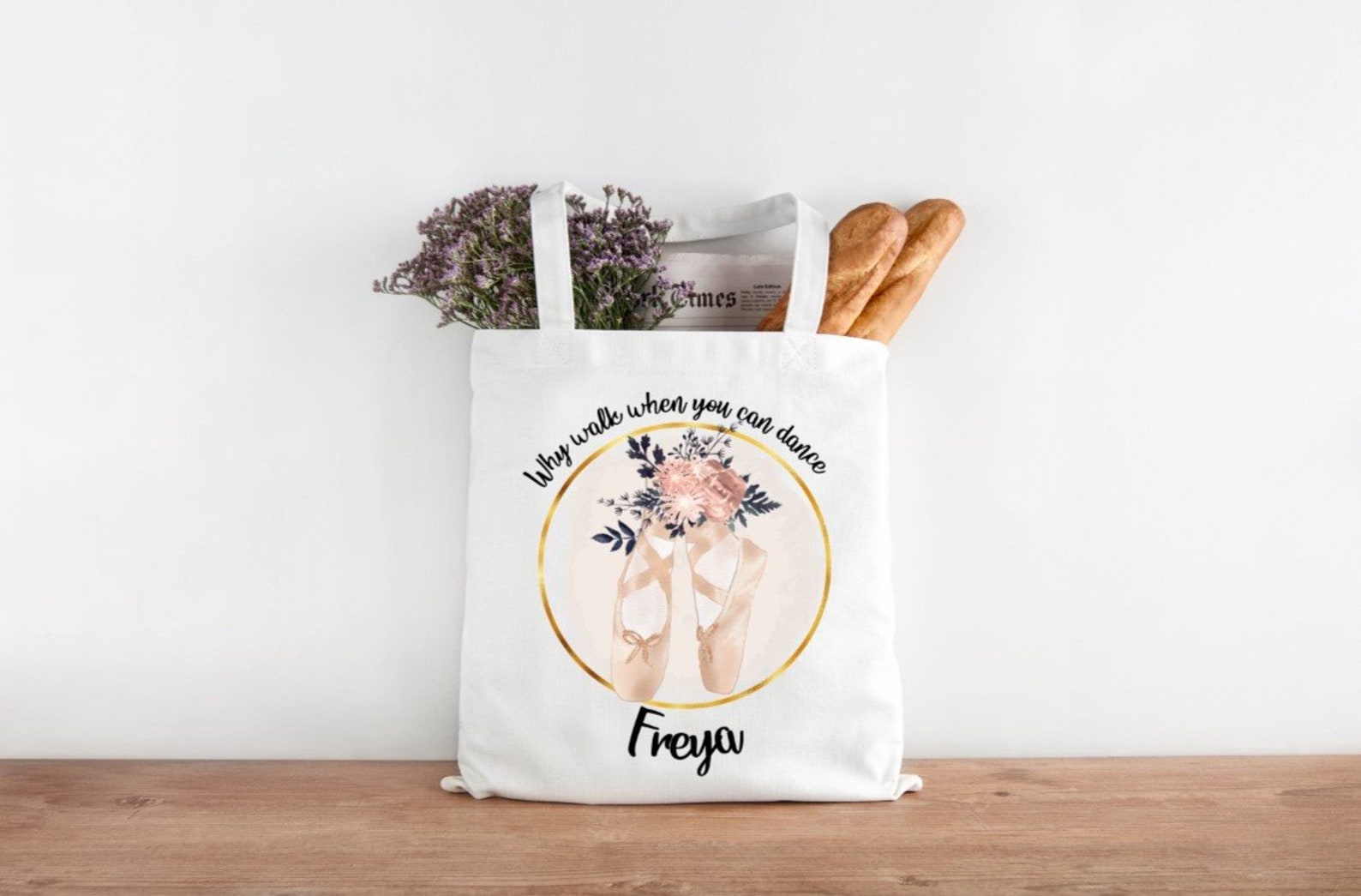 personalised tote bag, shopping bag, reusable, washable, inspirational quote, rose gold ballet shoes.. what walk when you can da