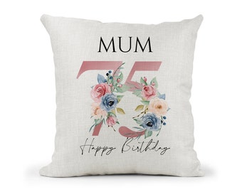 Personalised 75th  Special Birthday Cushion 75th Birthday Pink & Blue Floral Mum, Nan, Friend,Sister Gift