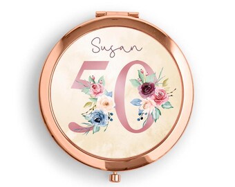 Personalised Rose Gold Compact Pocket Mirror.  50th Birthday Keepsake Watercolour Pink & Blue floral letter Design.. Daughter Friend