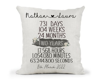 Personalised 2nd Anniversary Cream Canvas Cushion, Scatter Cushion, Home Decor, Wedding, 2 years, Mum Dad, Friends, Days Months, Hours, Mins