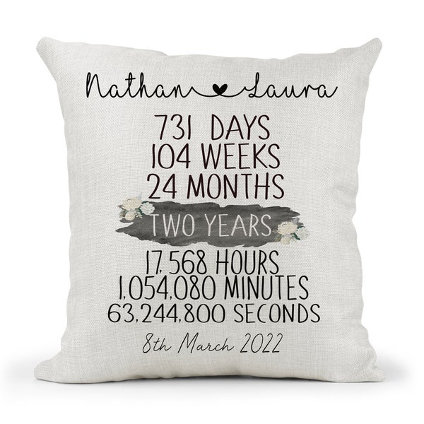 Personalised 2nd Anniversary Cream Canvas Cushion, Scatter Cushion, Home Decor, Wedding, 2 years, Mum Dad, Friends, Days Months, Hours, Mins