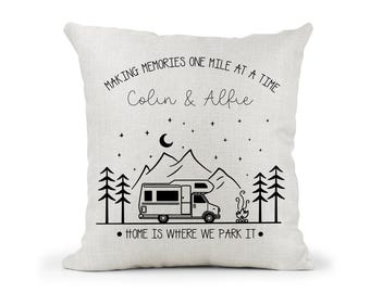 Personalised Camper Van Motorhome Campervan Cream Canvas Cushion,  home is where we park it , Home Decor, Wedding, Anniversary Gift
