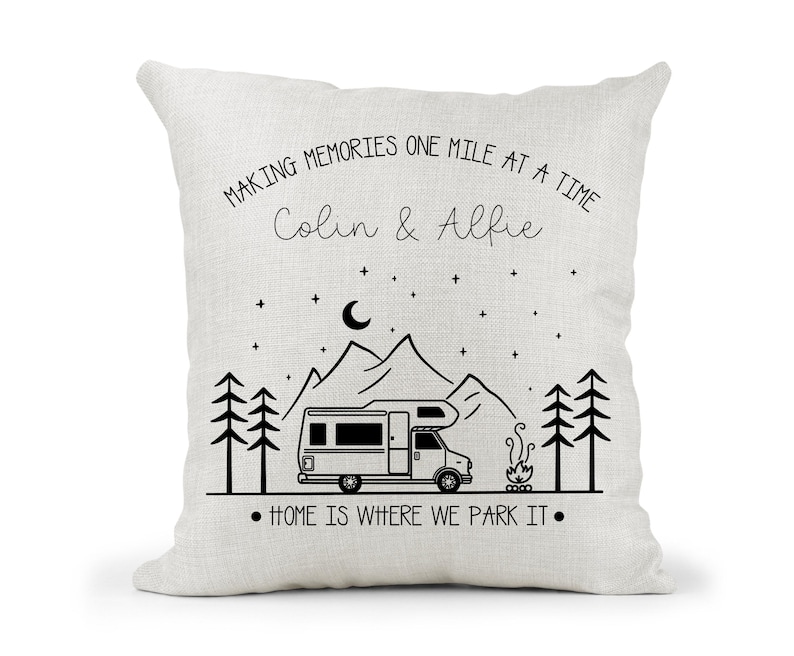 Personalised Camper Van Motorhome Campervan Cream Canvas Cushion, home is where we park it , Home Decor, Wedding, Anniversary Gift image 1
