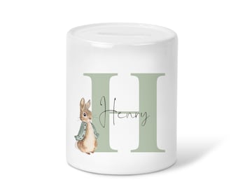 Personalised Peter Rabbit  Sage green name initial Boys girls  gift Money Box-Ceramic Piggy Bank-Money saving Gift